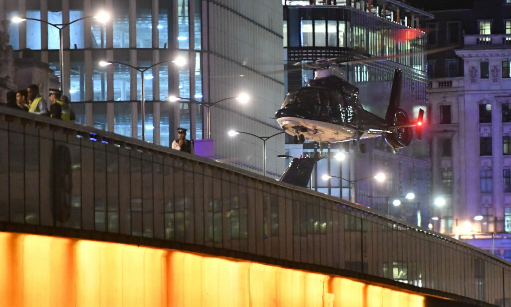 A second helicopter lands on London Bridge as police are responding to three incidents in the capital, amid reports that a vehicle collided with pedestrians on London Bridge, Scotland Yard said. Officers are dealing with reports of stabbings in Borough Market, where armed officers attended and shots were fired. They are also at an incident in the Vauxhall area.