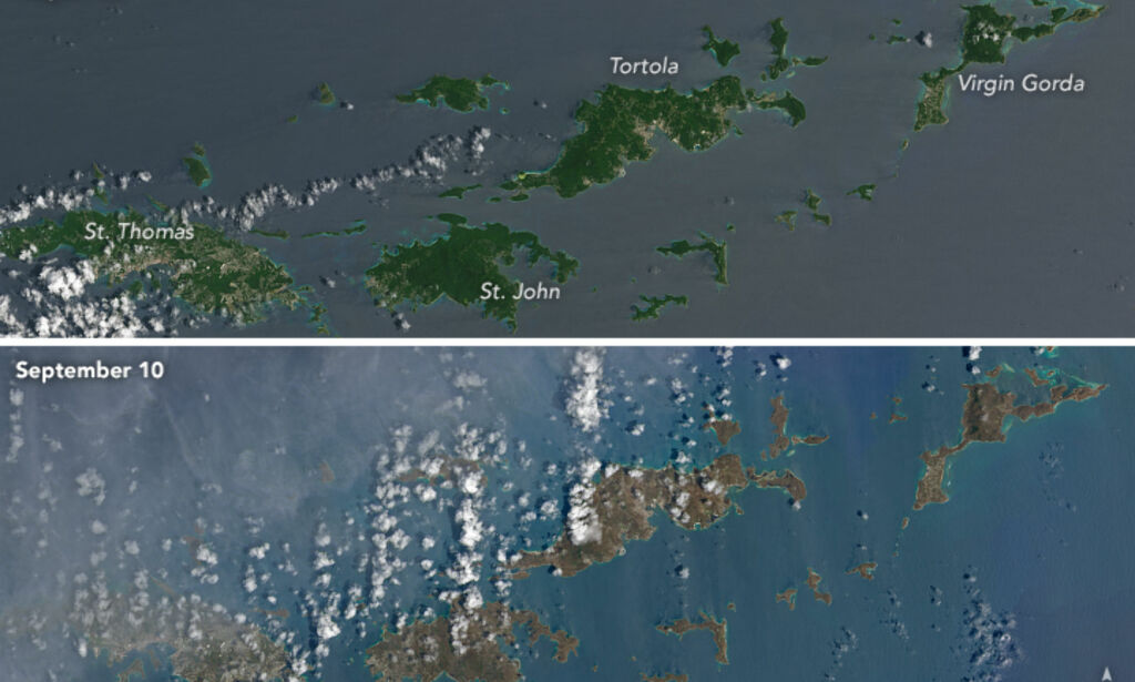 Satellittbilder viser de ekstreme ødeleggelsene etter orkanen «Irma». Øyene har skiftet farge